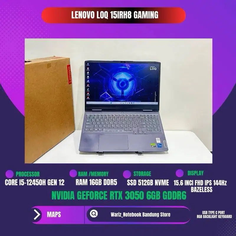 LENOVO LOQ 15IRH8 CORE I5-12450H NVIDIA RTX 3050 6GB GDDR6 16GB/512GB
