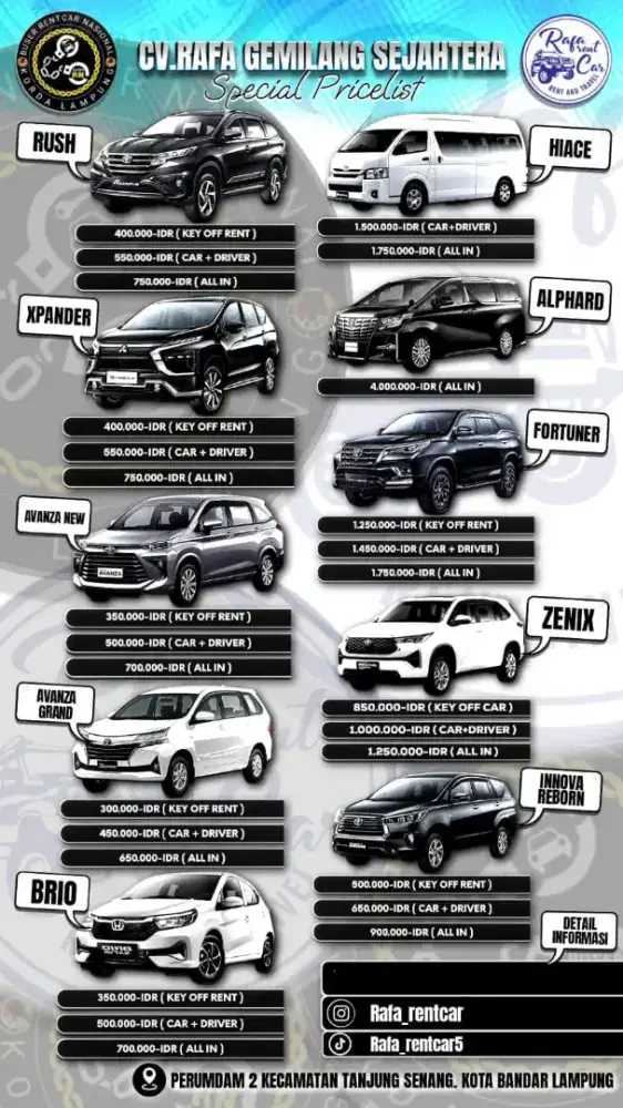 Menyediakan unit mobil rental atau sewa dalam kota Bandar Lampung