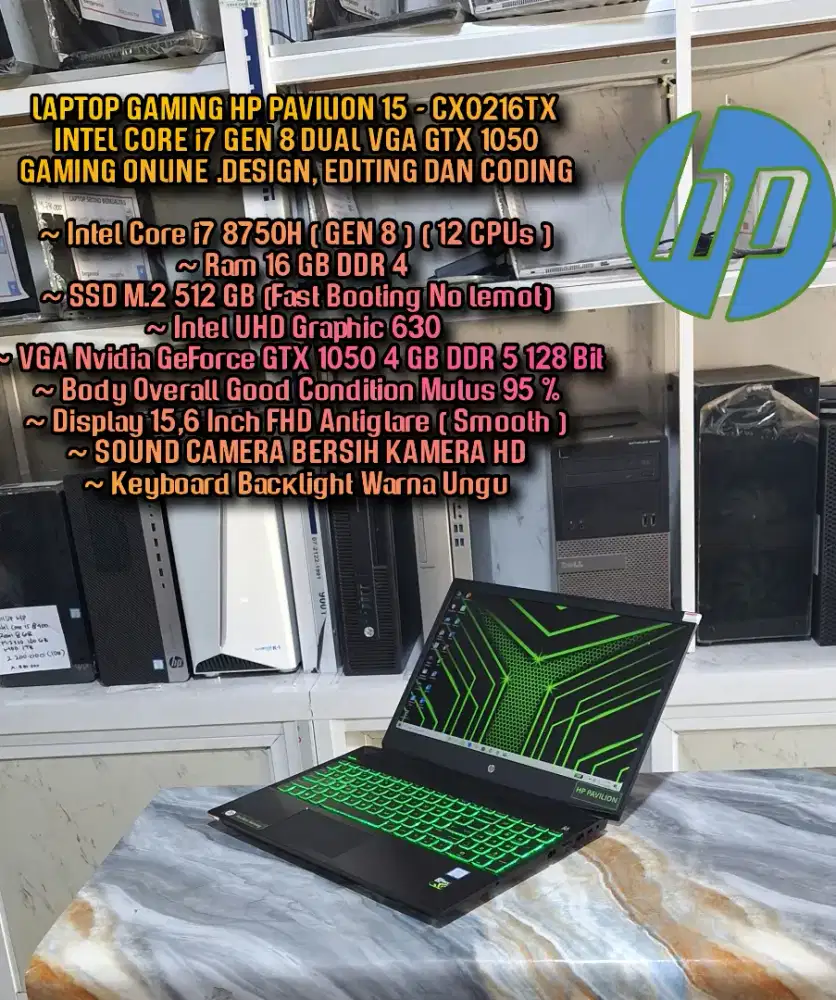 LAPTOP GAMING HP PAVILION INTEL CORE i7 GEN 8TH/RAM 16GB /SSD 512 GB