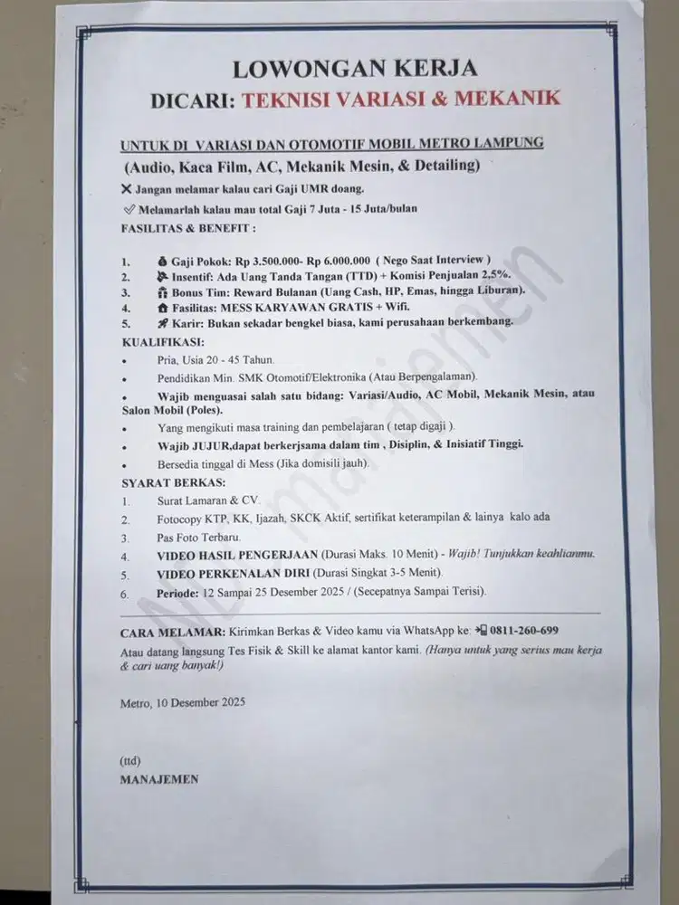 Lowongan Teknisi Variasi dan Mekanik Mobil