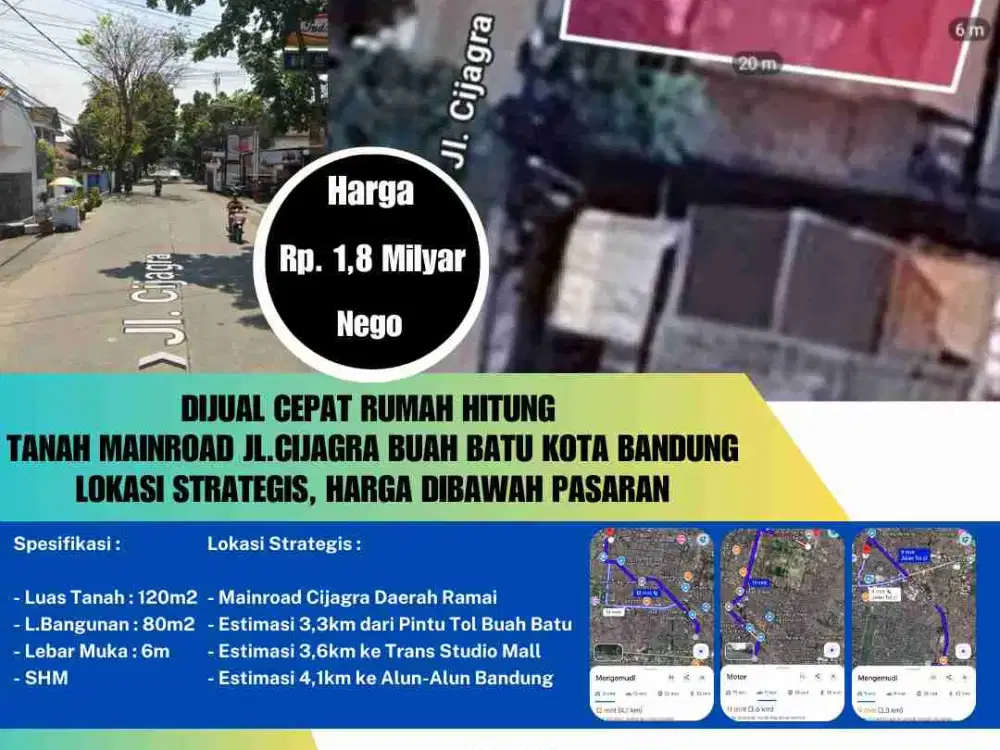 Dijual Cepat Rumah Hitung 
Tanah Mainroad Jl. Cijagra Buah Batu Kota Bandung
Lokasi Strategis, Harga Dibawah Pasaran