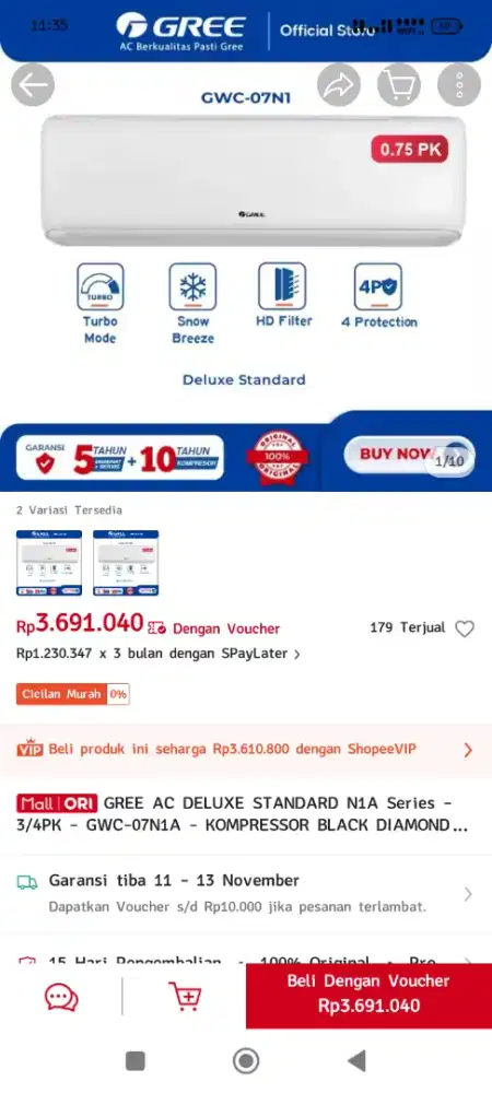 AC Gree Deluxe Standar ¾ pk