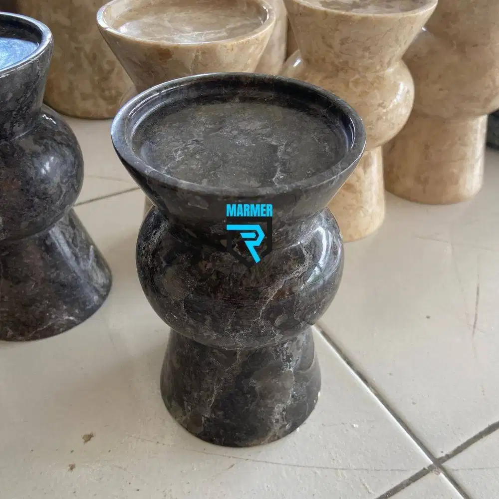 Tempat lilin model ulir batu marmer hitam finishing glossy