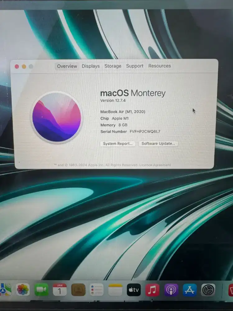 Macbook Air M1 layar 13 inch Ram 8 Ssd 256 Silver lengkap full set