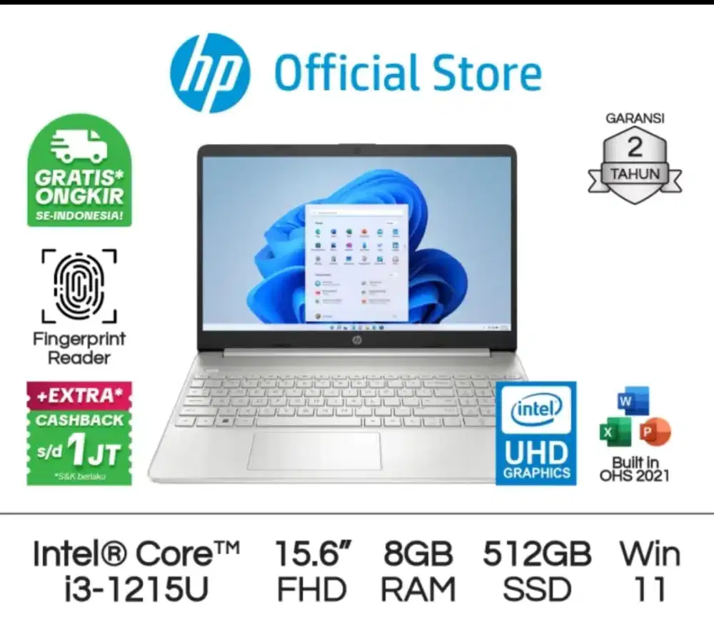 Laptop hp 15s Core i3-1215U Gen 12 RAM DDR4 8GB SSD 512GB layar 15.6