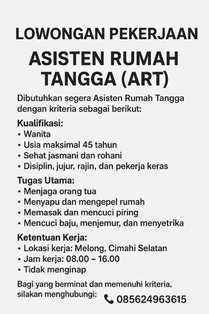 Lowongan ART (Asisten Rumah Tangga)