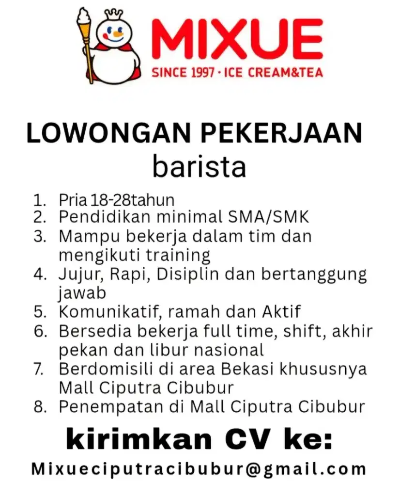 DIBUTUHKAN BARISTA DI MALL CIPUTRA CIBUBUR