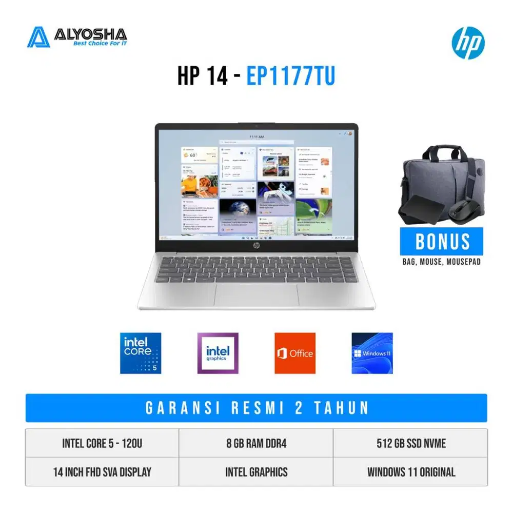 Laptop HP 14 EP1177TU Intel Core 5 120U 8GB SSD 512GB 14″ W11+OH2024