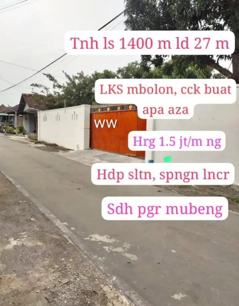 Jual tanah lokasi bolon colomadu lt 1400m hrg 1,5jt/MTR nego