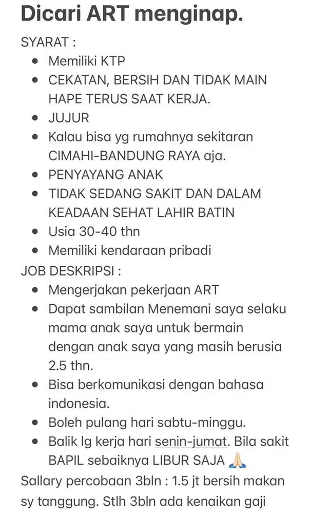 Dicari asisten rumah tangga