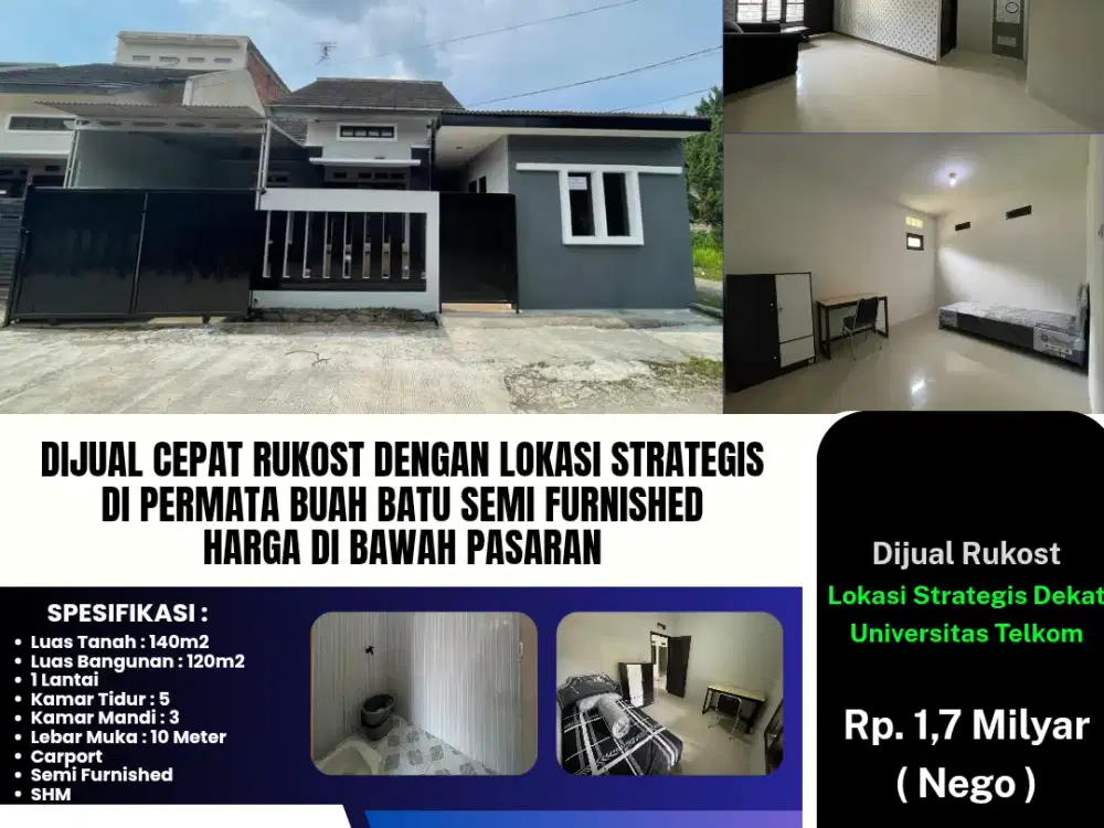 Dijual Cepat Rukost Lokasi Strategis
Di Permata Buah Batu Semi Furnished
Harga di Bawah Pasaran