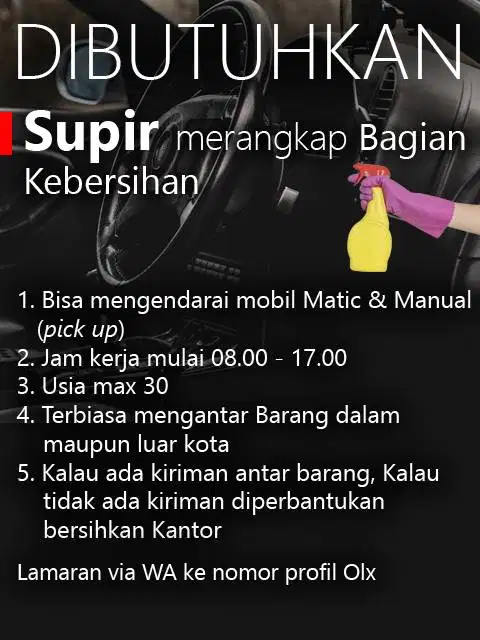 Dibutuhkan Supir Segera, merangkap Bagian Kebersihan lokasi Bandung