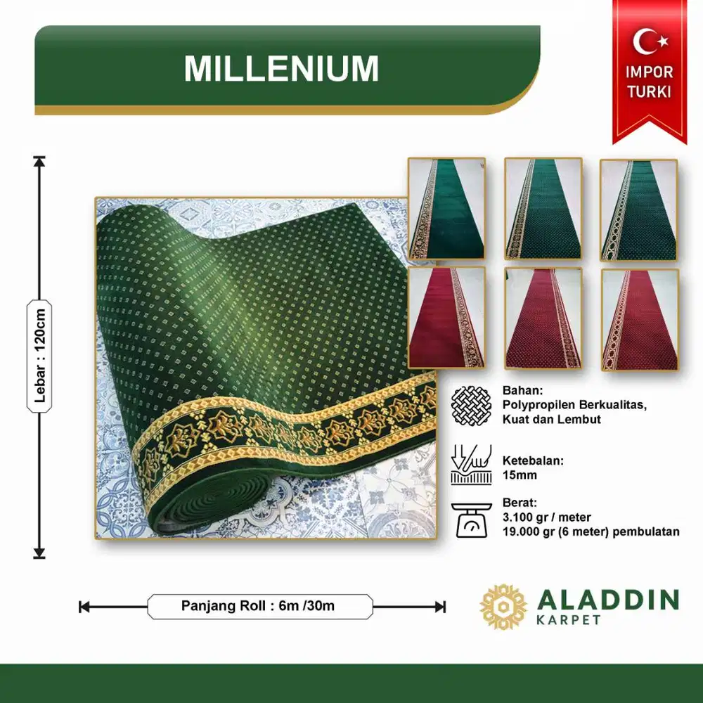 Karpet Masjid Millenium - Meteran permeter tebal Merah Hijau