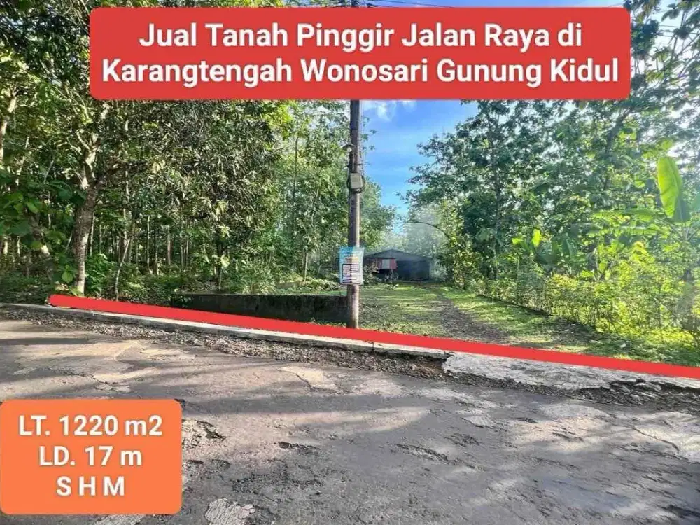 Jual Tanah bonus Gudang di Karangtengah Wonosari Gunung Kidul Pinggir Jalan Raya Murah
