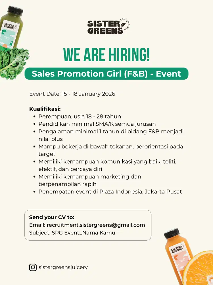 Dibutuhkan SPG Minuman Juice Sehat (Event 4 Hari)