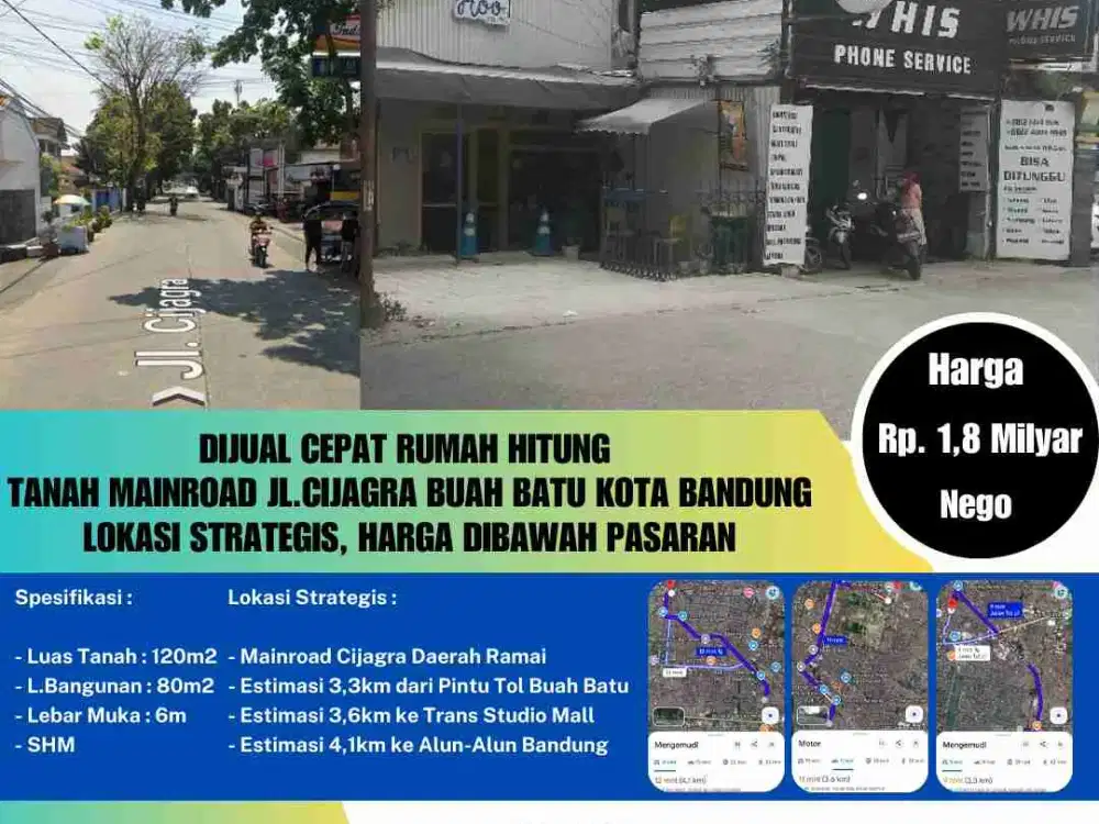 Dijual Cepat Rumah Hitung 
Tanah Mainroad Jl. Cijagra Buah Batu Kota Bandung
Lokasi Strategis, Harga Dibawah Pasaran