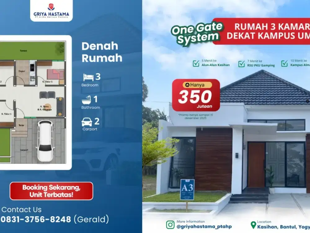RUMAH MODERN DEKAT UMY DENGAN CARPOT 2 MOBIL