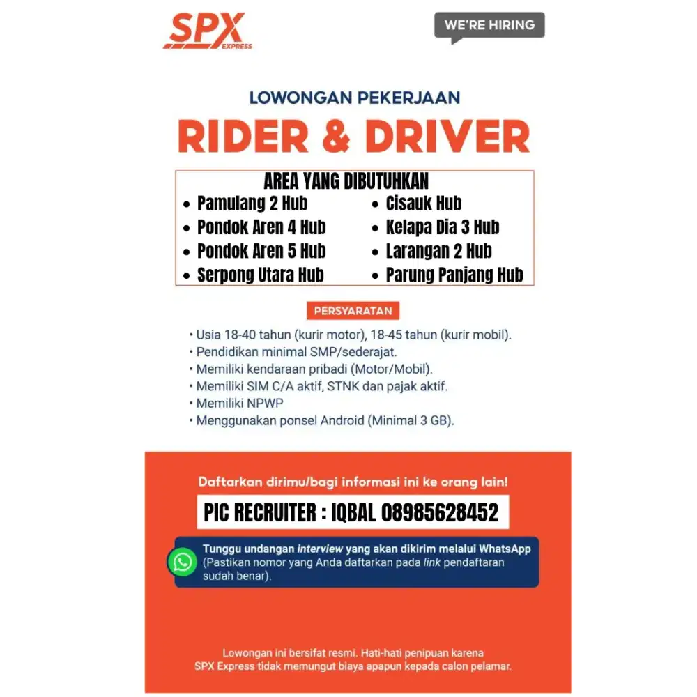 DIBUTUHKAN SEGERA RIDER & DRIVER SPX