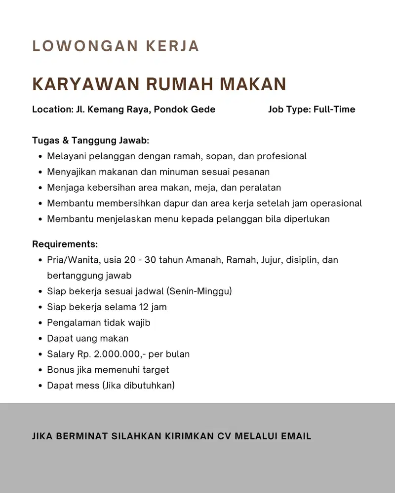 Dibutuhkan Karyawan Rumah Makan