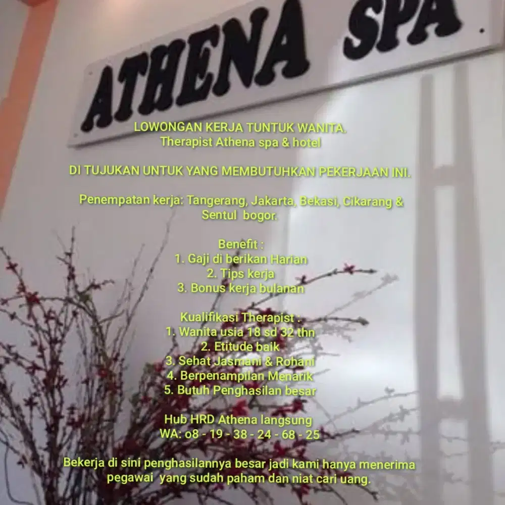 Dibutuhkan staff Therapist Wanita Athena spa