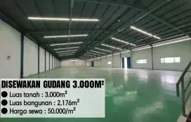 Disewakan Gudang 3.000m² di kawasan hyundai dkt  Jababeka cikarang