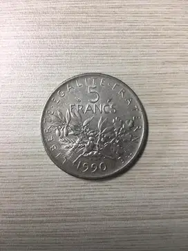Uang Koin, Logam Kuno Franc 5 Liberte Egalite Fraternite Tahun 1990