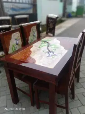 Meja Makan JATI 4Kursi Motif Marmer
