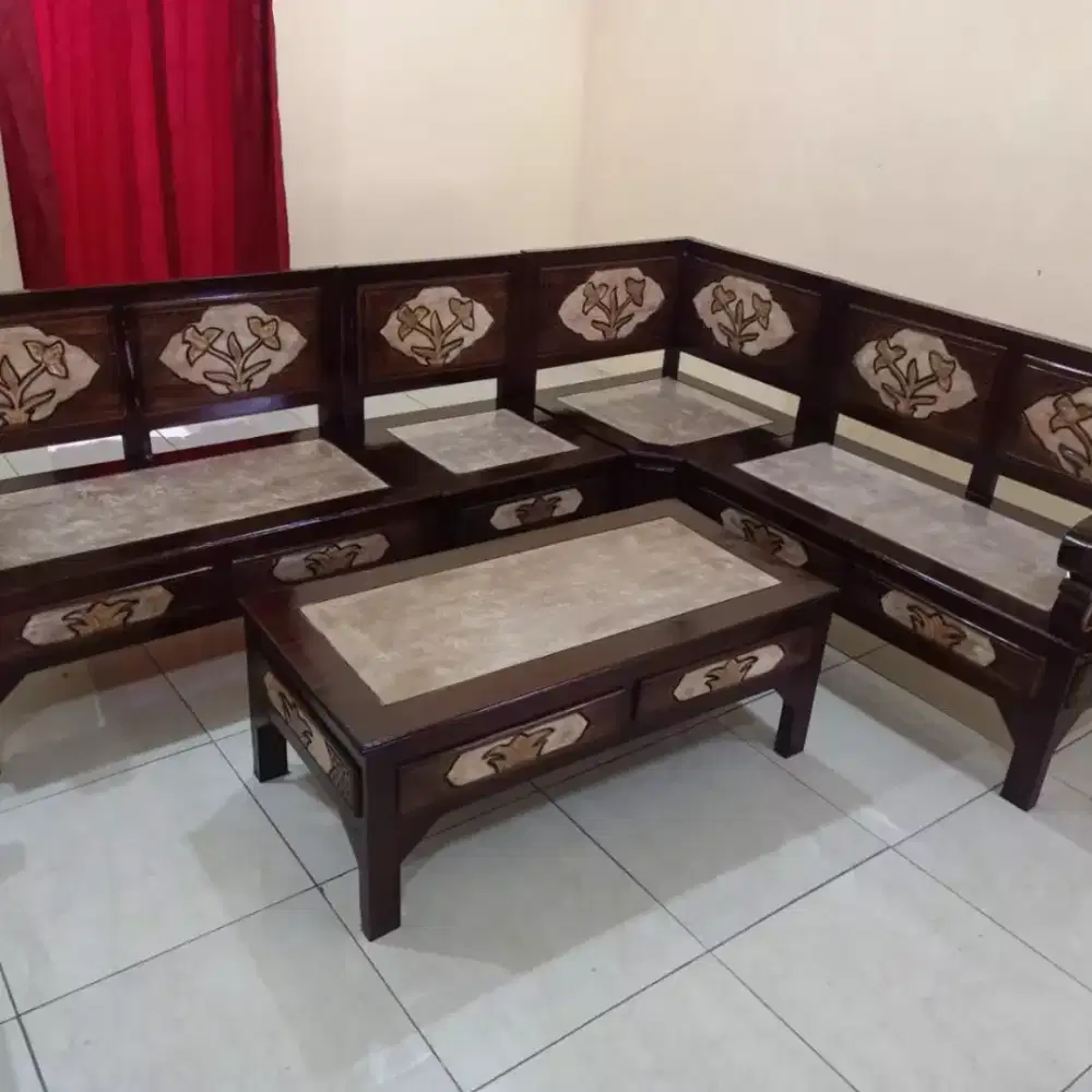 Kursi Sudut/L Kayu Akasia Motif Marmer