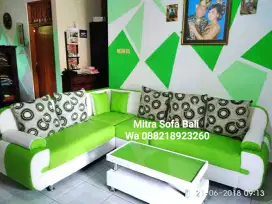 Sofa  L sudut warna cream + meja bunus bantal 5 besar, Mitra Sofa Bali