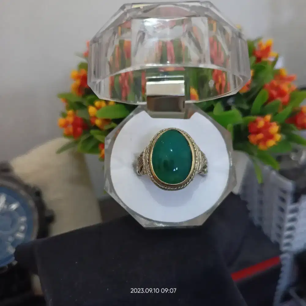 Cincin Pria - Green Calsedone Dimensi Kantoran Ring Alpaka ukir
