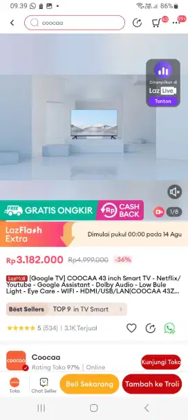 (GOOGLE TV) COOCAA 43 INCH SMART TV-ANDROID 11-NETFLUX-YOUTUBE-WIFI