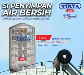 Tangki Air/Tandon /Toren/Tedmon Tirta Stainless 1250 Liter Free Ongkir