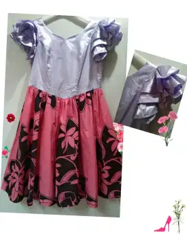 Dress Lilac Pink Corak/Dress Gaun Pesta Cantik.Tangan Rempel Cantik