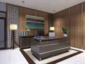 meja resepsionis minibar backdrop tv rak dapur kitchen set partisi