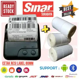 PRINTER BLUETOOTH LABEL 80mm CETAK RESI + 3 ROLL THERMAL STICKER 74x10