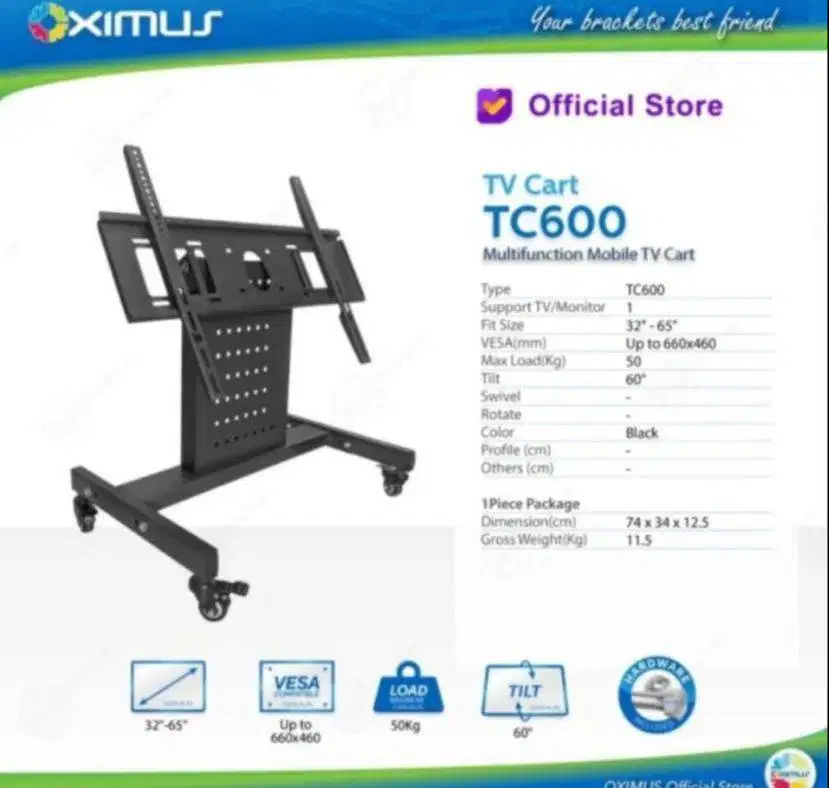 BRACKET LEDTV MONITOR STAND RODA PANGGUNG MERK OXIMUS TYPE TC600breket