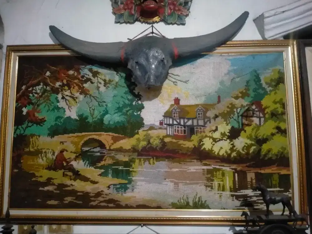 lukisan strimin pemandangan mancing dikali lawas.