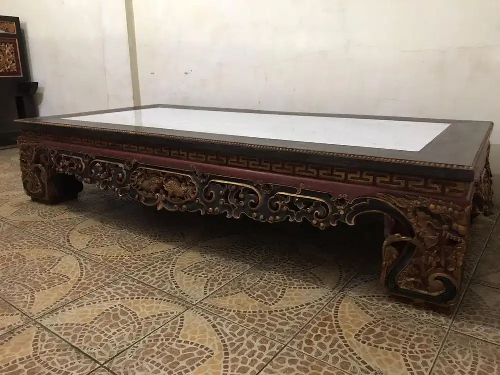 Dijual Meja Opium Marmer Putih Motif Killin 2 Kayu Jati Tua