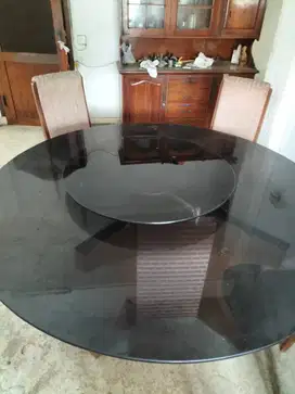 MEJA MAKAN JATI BULAT KACA