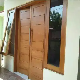 Pintu kupu tarung+kusen+2 jendela+kusen kayu jati serat padat