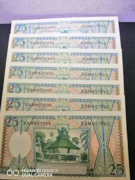 7 lembar nomor urut serie X - 25 Rupiah UKI tahun 1959