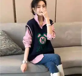 Kemeja Katun Combi Vest Rajut BKK Premium