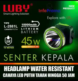 Senter kepala merk LUBY L-2881L 45 watt dgn kapasitas batre 10.000mah