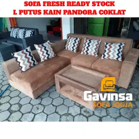 Premium Sofa L Putus Custom, Coklat kain bludru 1 set meja bantal