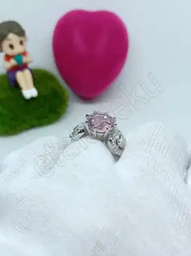 Cincin wanita silver pink flower with love leaf