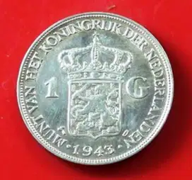 koin 1 gulden 1943D Belanda Queen Wilhelmina BL 586