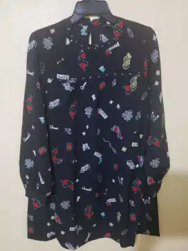 Dress Hitam Midi Motif Vintage Brand