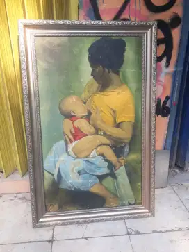 Antik vintage lukisan jadul oil on canvas karya sudar judul menyusui
