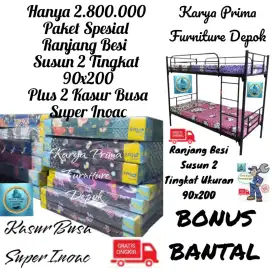 Ranjang Besi Susun 2 Tingkat 90x200 Plus Kasur Busa Inoac Bonus Bantal