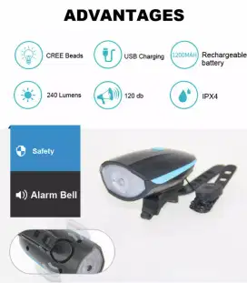 TaffLED Lampu Sepeda LED Cree dengan Klakson Rechargeable XPG 7588